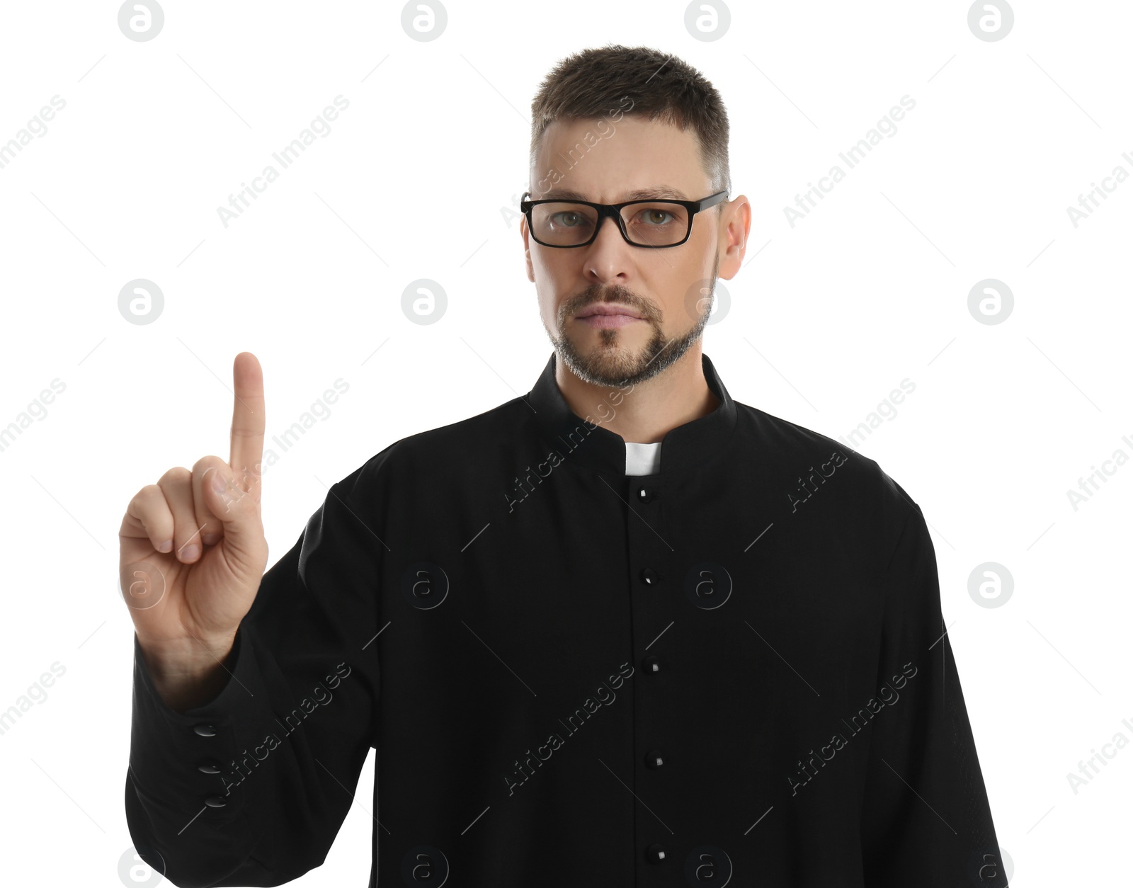 Photo of Priest wearing cassock with clerical collar on white background