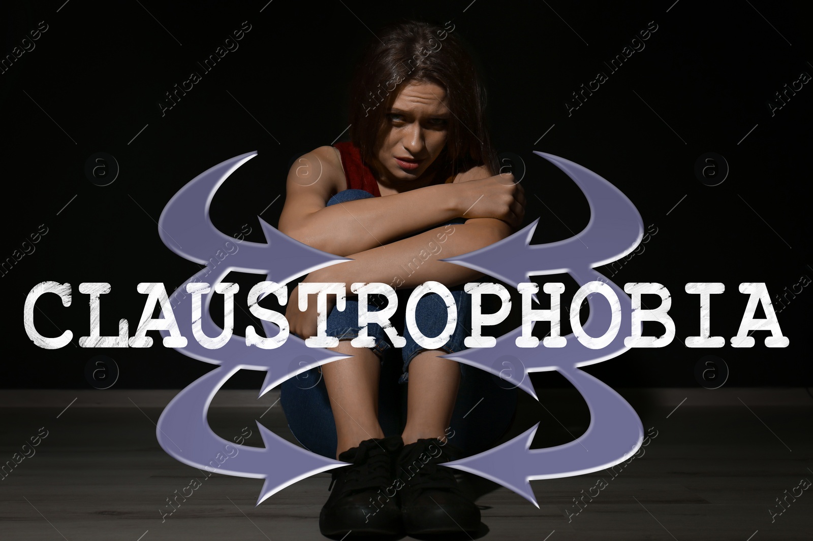 Image of Claustrophobia. Stressed woman feeling in closed space 