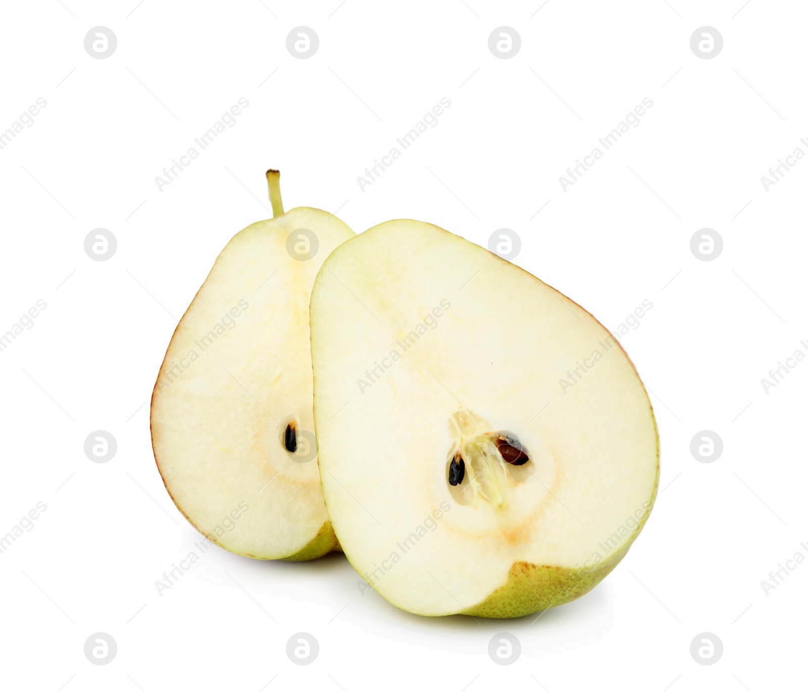 Photo of Halves of ripe juicy pears isolated on white