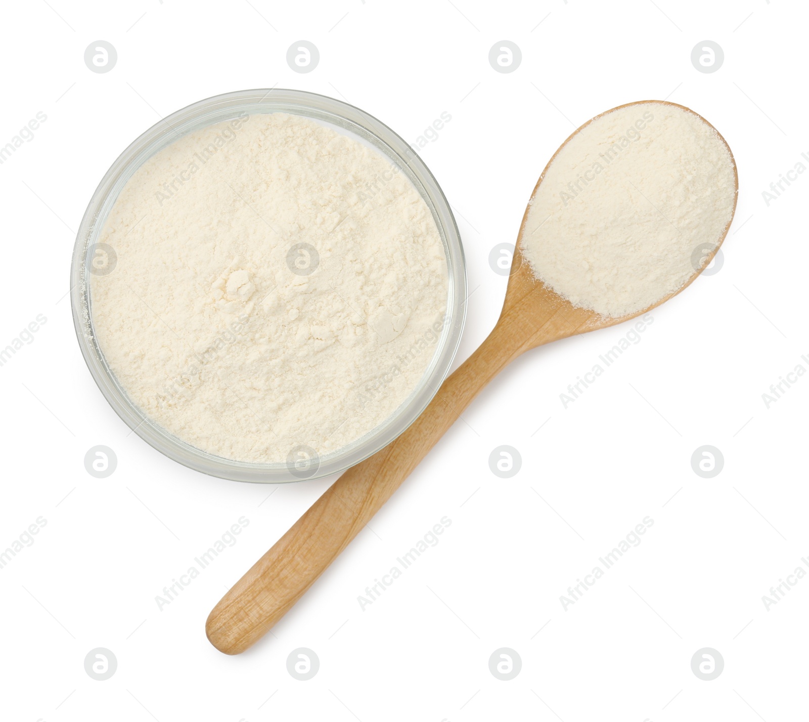 Photo of Baking powder in bowl and spoon isolated on white, top view