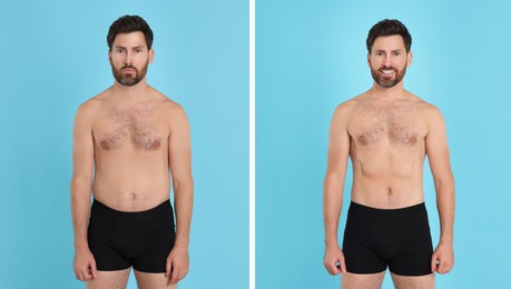 Image of Collage with portraits of man before and after weight loss on light blue background