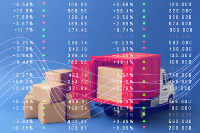 Image of Wholesale trading. Truck model and carton boxes on blue background