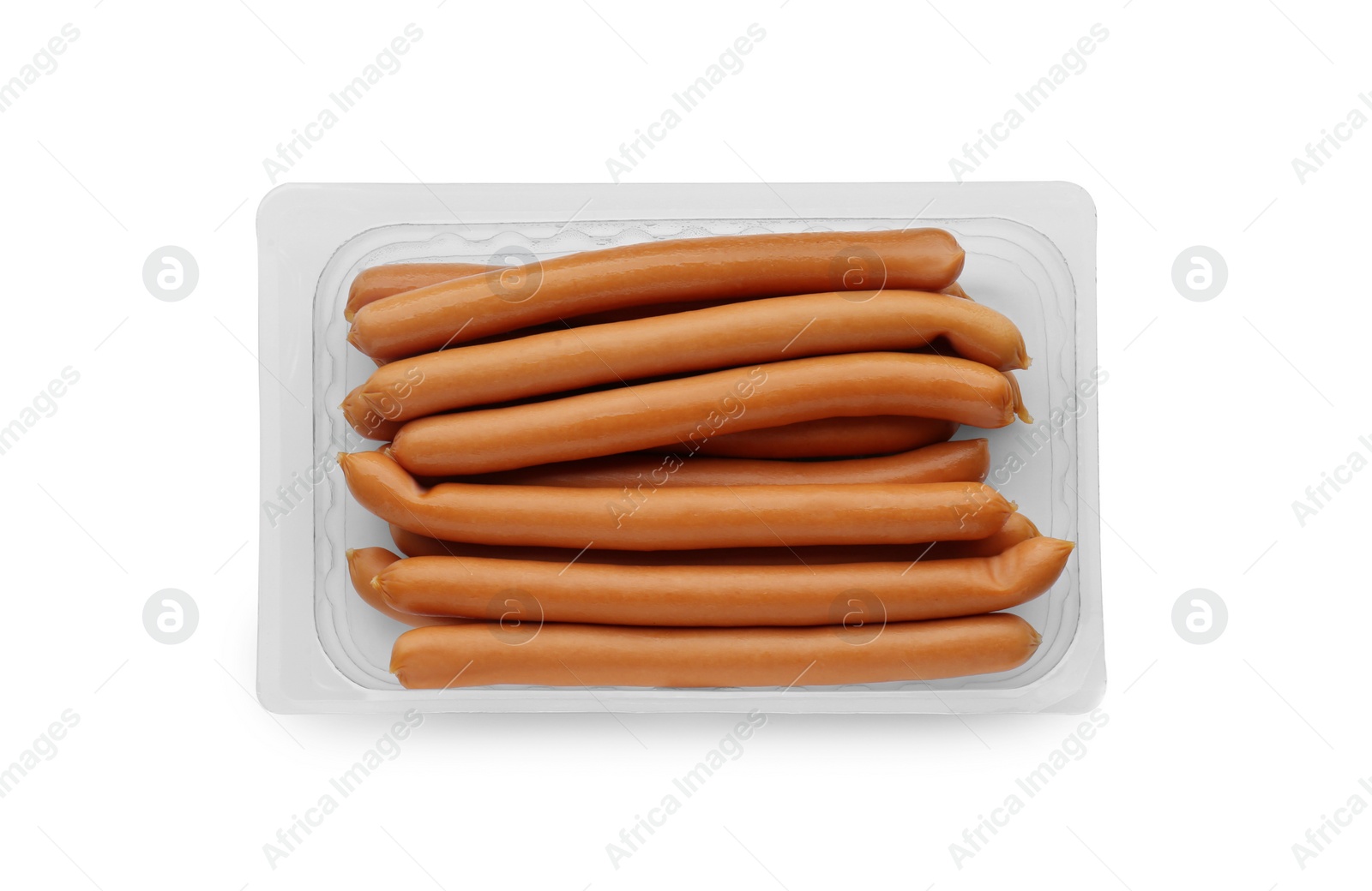 Photo of Plastic container with sausages isolated on white, top view. Meat product