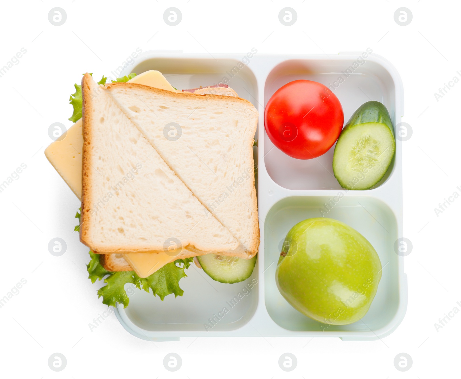 Photo of Lunch box with appetizing food on white background, top view