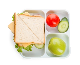 Photo of Lunch box with appetizing food on white background, top view