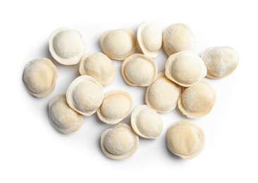 Photo of Raw dumplings on white background, top view. Home cooking