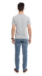 Young man in t-shirt on white background. Mock up for design