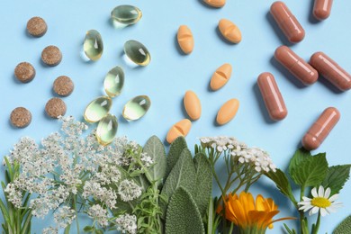 Different pills, herbs and flowers on light blue background, flat lay. Dietary supplements