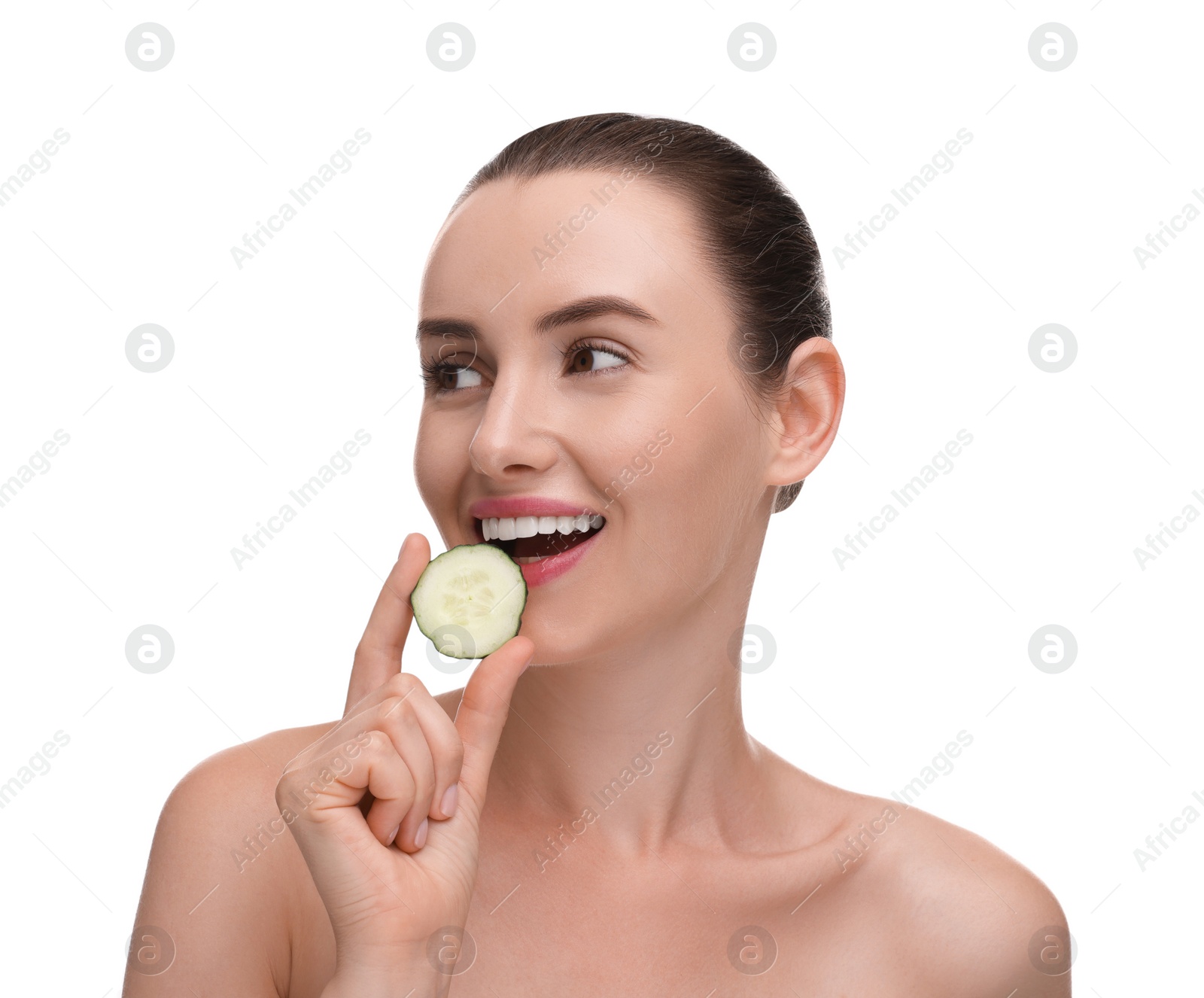 Photo of Beautiful woman with piece of cucumber on white background