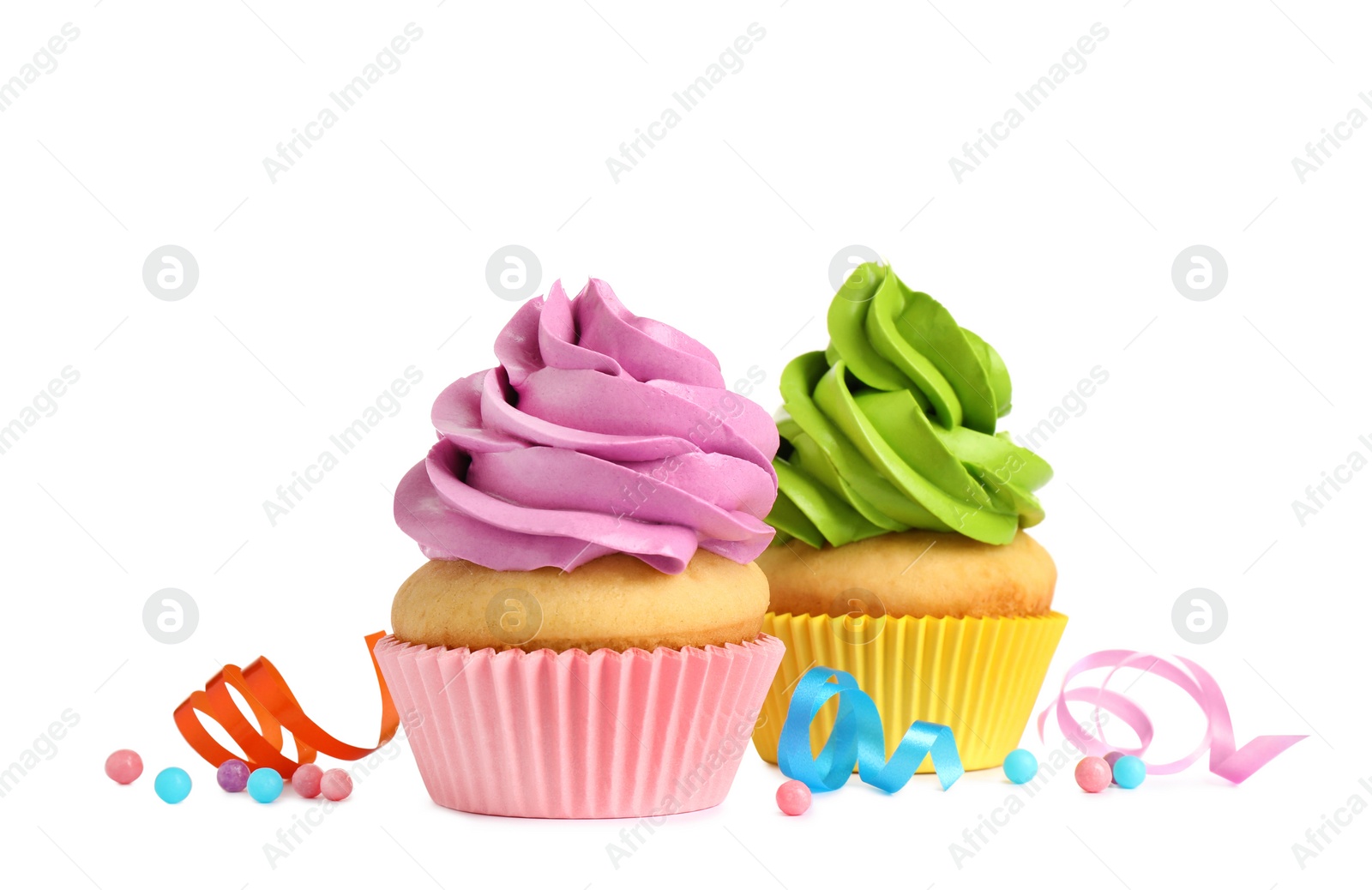 Photo of Delicious birthday cupcakes with buttercream on white background