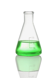 Photo of Conical flask with light green liquid isolated on white