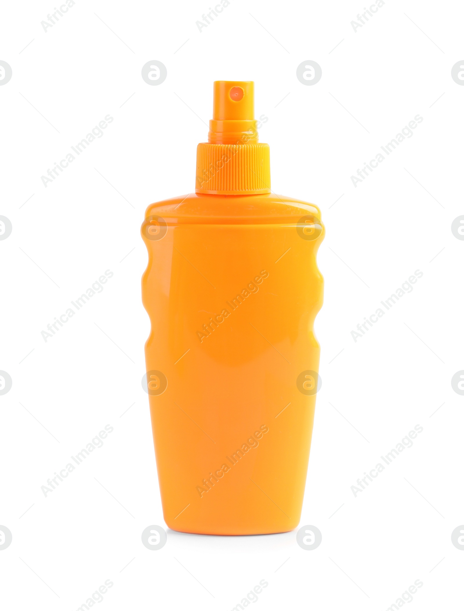 Photo of Bottle with sun protection body cream on white background