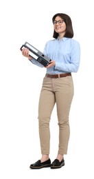 Happy businesswoman woman with folders on white background