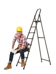 Professional constructor sitting on ladder on white background