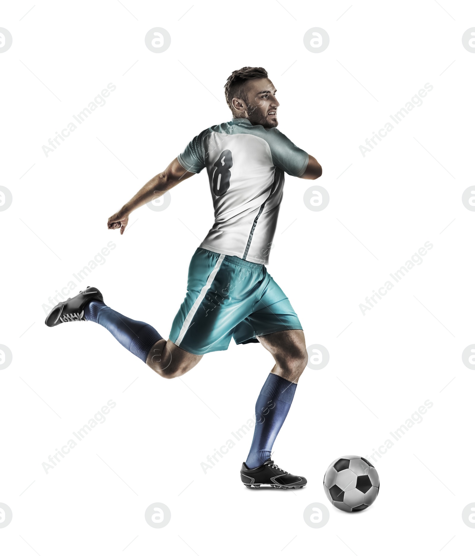 Image of Young man playing football on white background