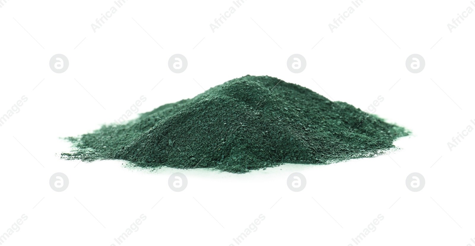 Photo of Heap of spirulina algae powder on white background