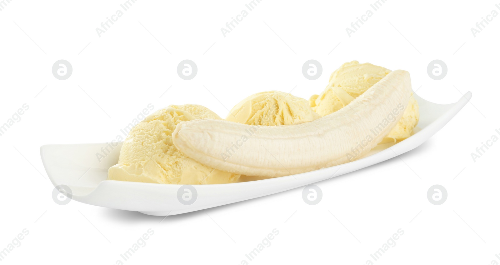 Photo of Delicious banana ice cream and fresh fruit isolated on white