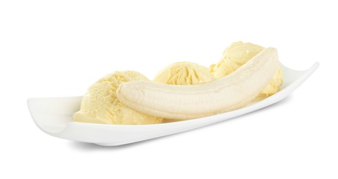 Delicious banana ice cream and fresh fruit isolated on white