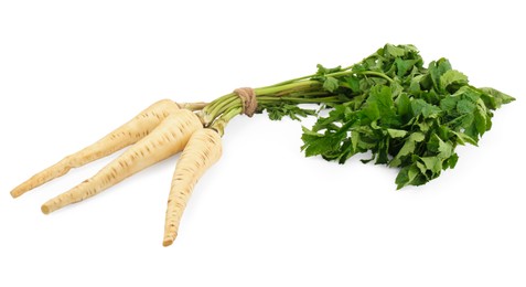 Photo of Tasty fresh ripe parsnips on white background