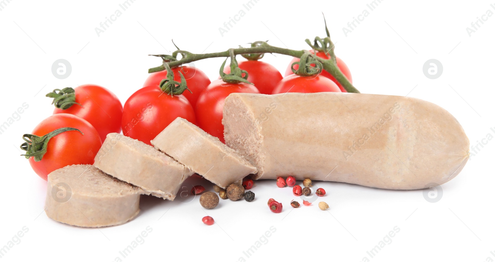 Photo of Delicious liverwurst with cherry tomatoes and spices on white background