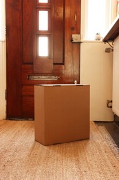 Photo of Delivery service. Cardboard on rug near wooden door indoors