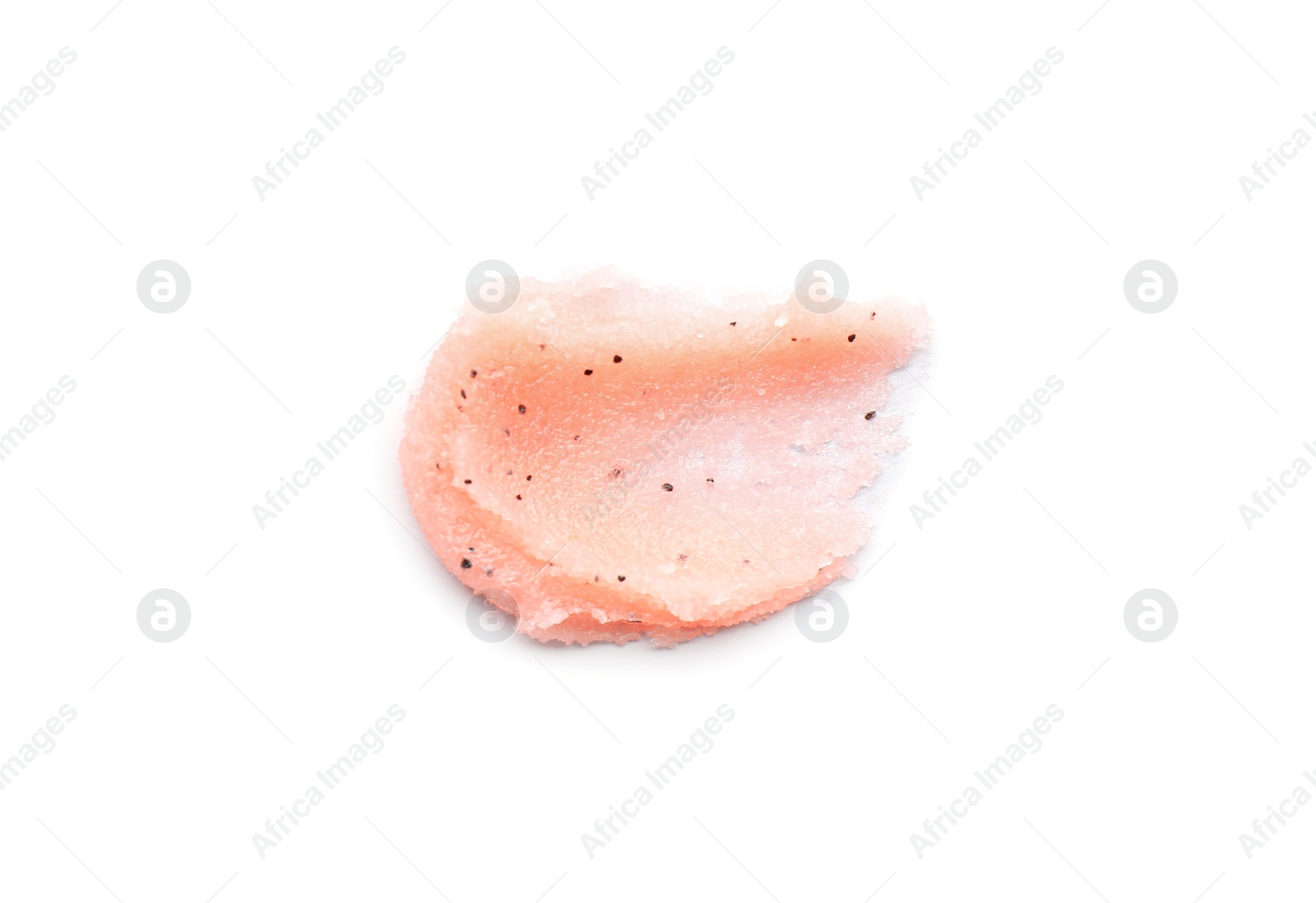 Photo of Smear of pink body scrub isolated on white, top view