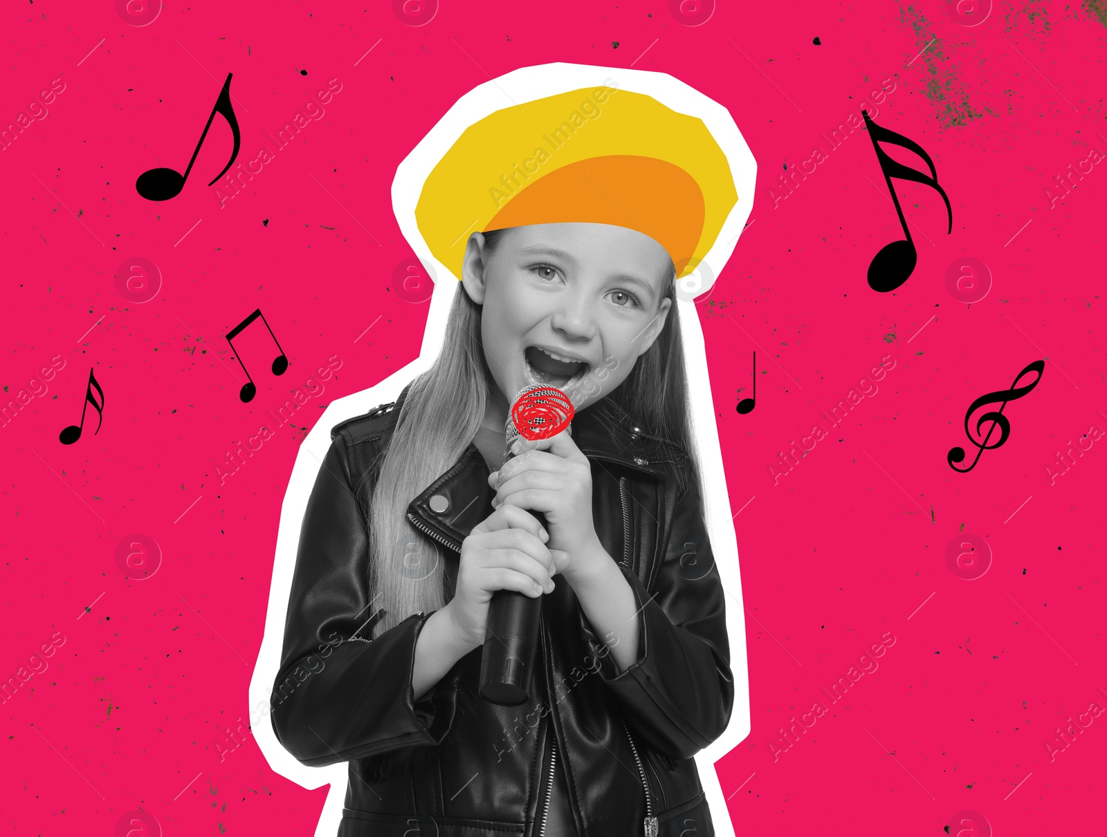 Image of Cute little girl singing into microphone on bright background, creative collage