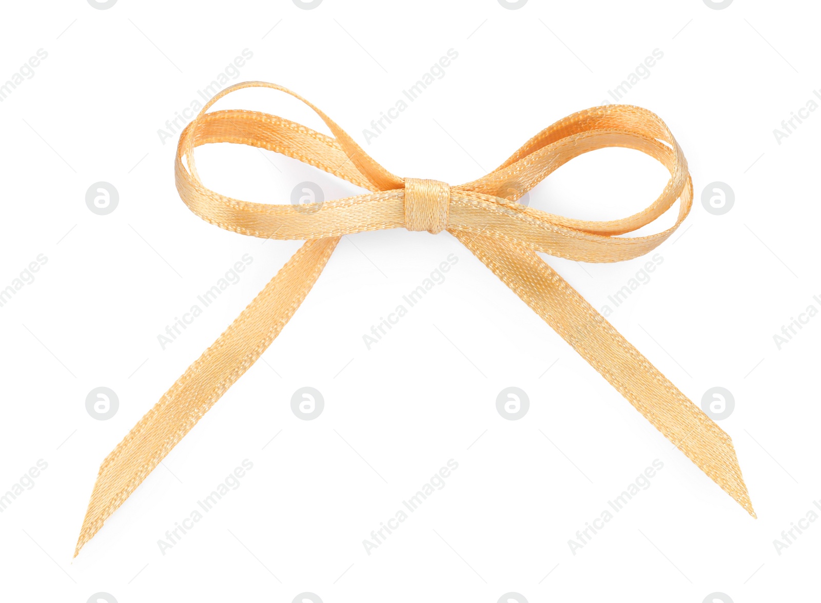 Photo of Beautiful golden ribbon tied in bow isolated on white, top view