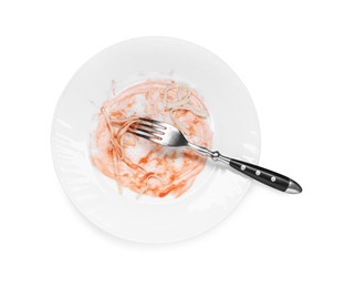 Photo of Dirty plate and fork on white background, top view