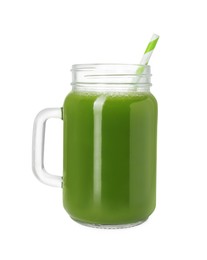 Fresh celery juice in mason jar on white background