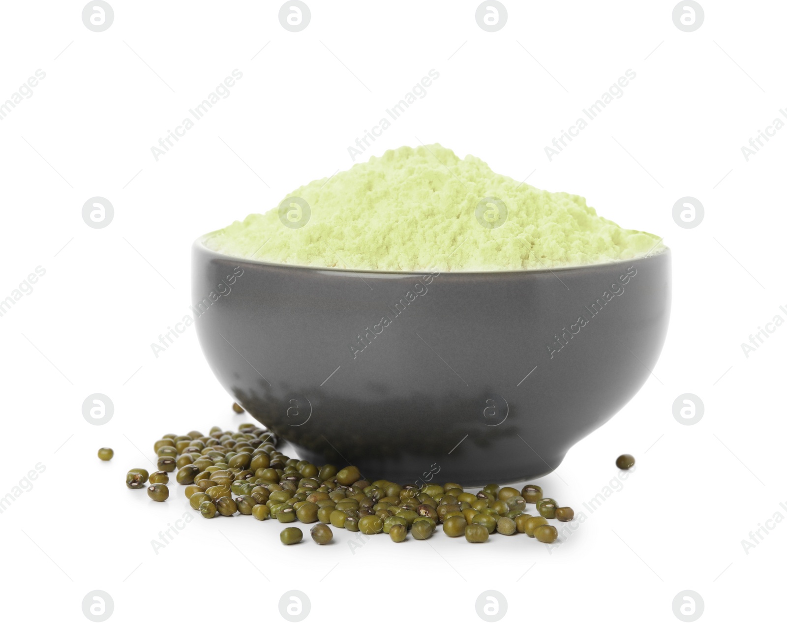 Photo of Bowl of flour and mung beans on white background