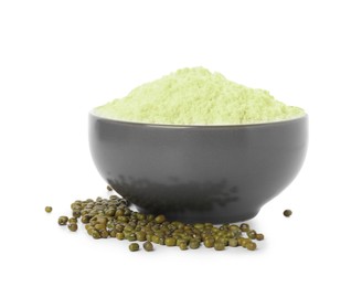 Photo of Bowl of flour and mung beans on white background