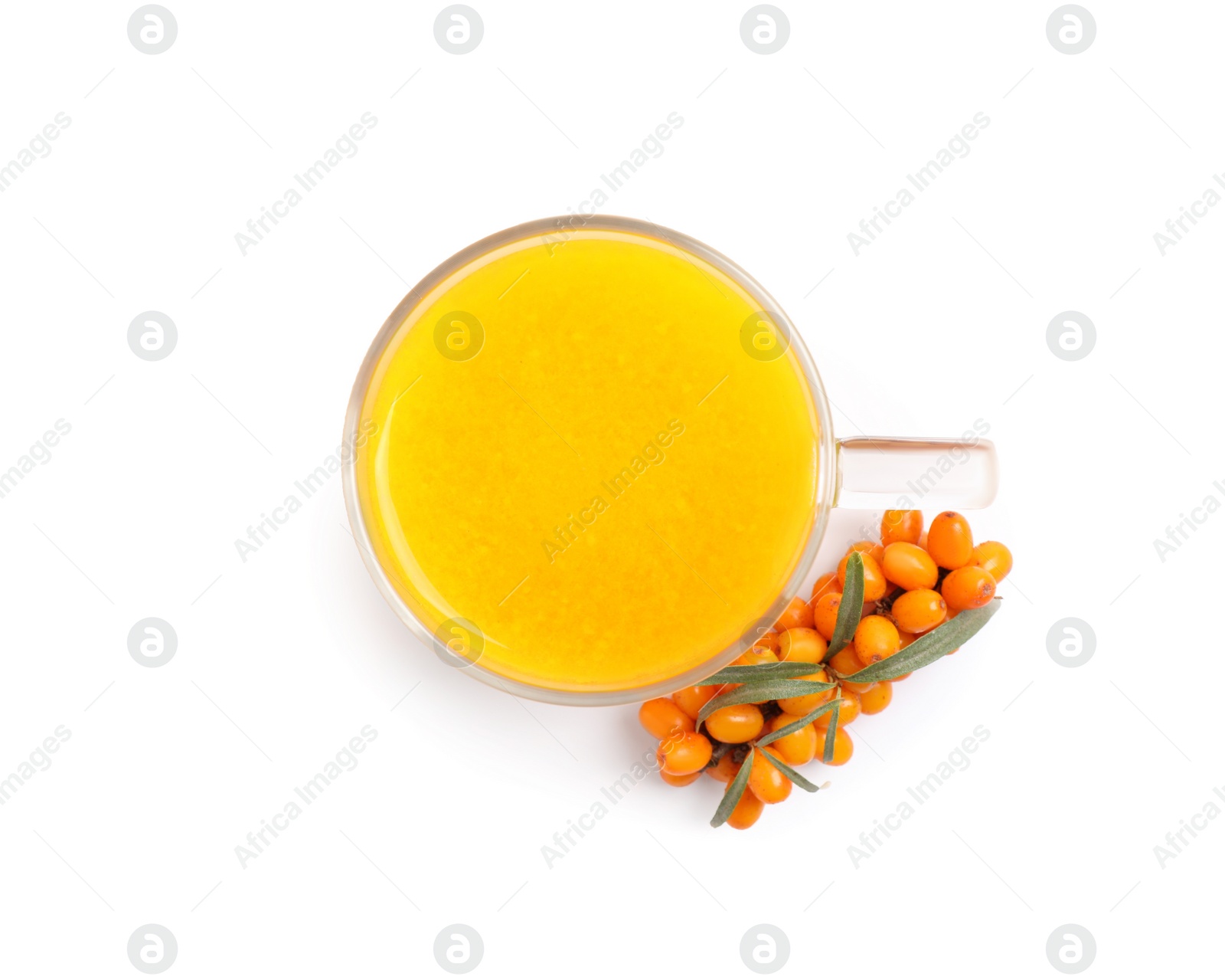 Photo of Sea buckthorn tea and fresh berries isolated on white, top view