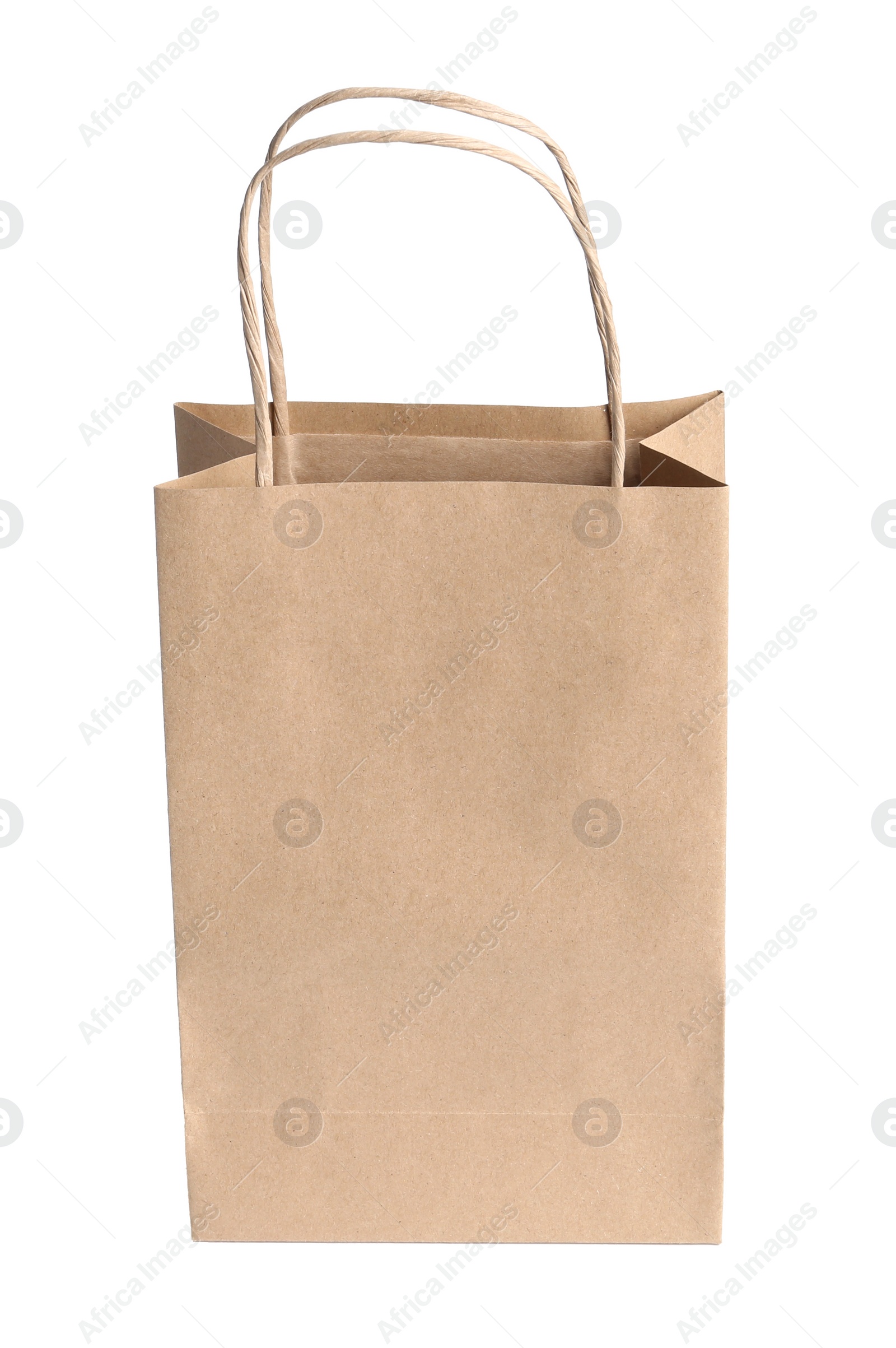 Photo of One kraft paper bag isolated on white. Mockup for design