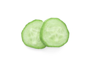 Photo of Slices of fresh green cucumber isolated on white, top view