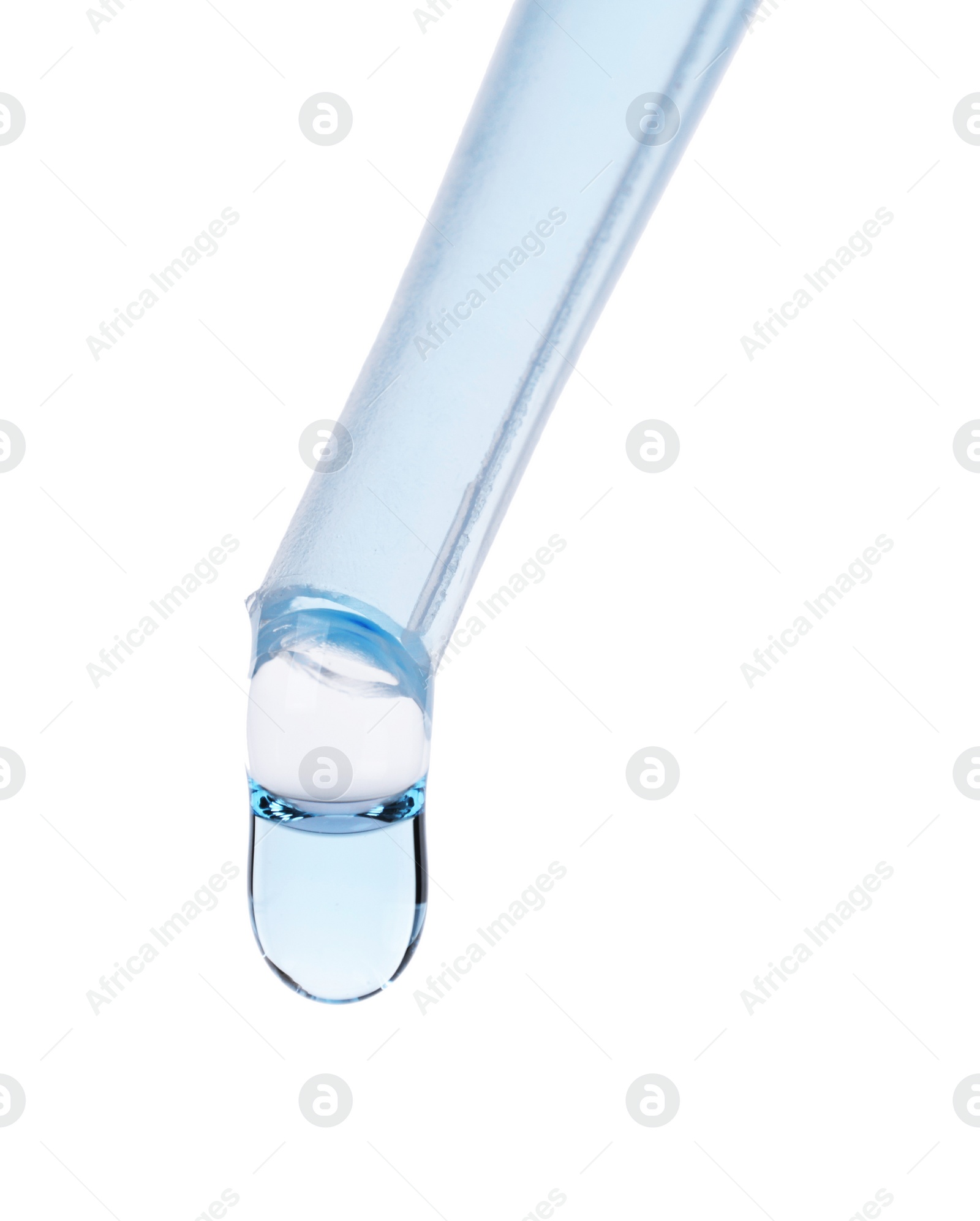 Photo of Dripping liquid from pipette isolated on white, closeup