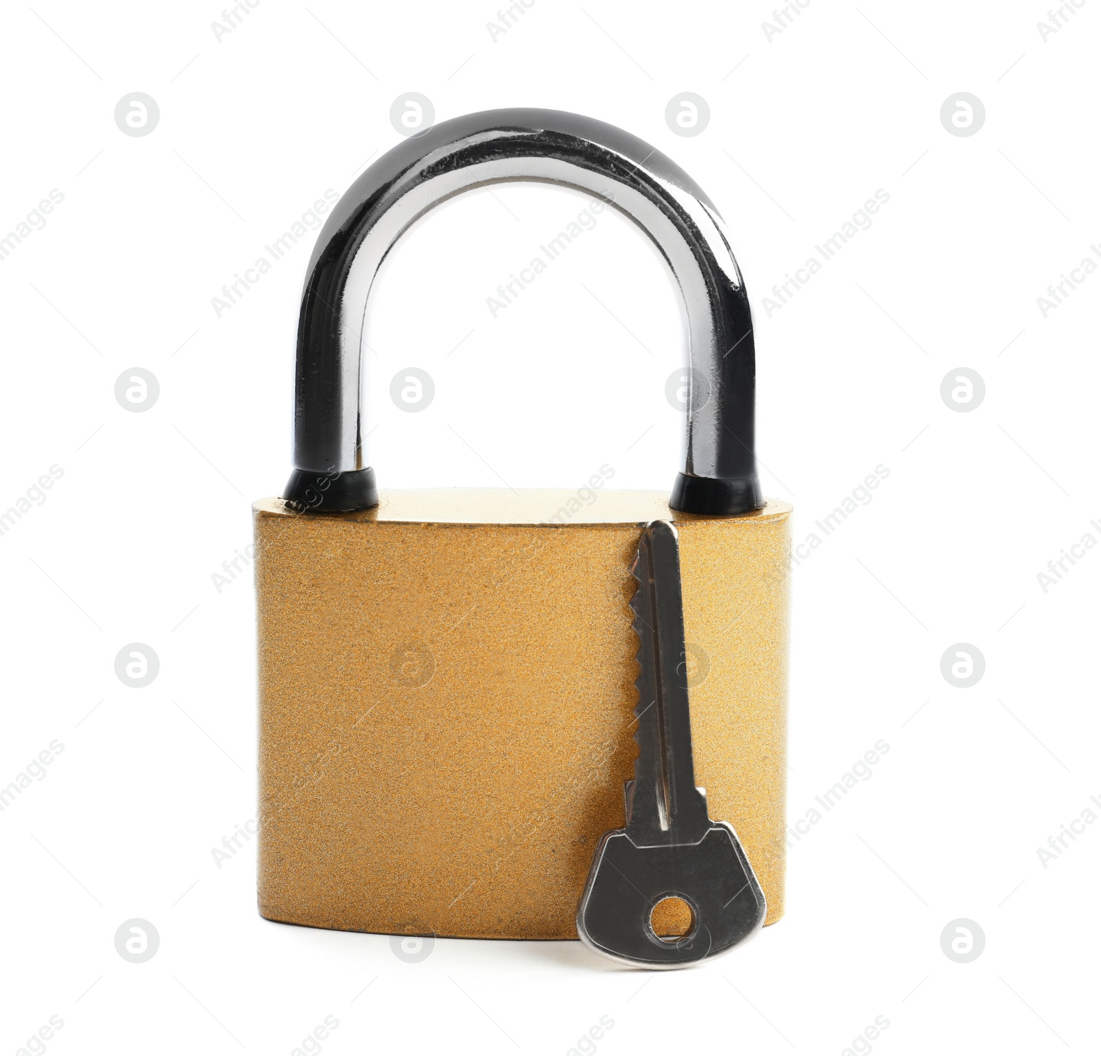 Photo of Steel padlock and key isolated on white. Safety concept