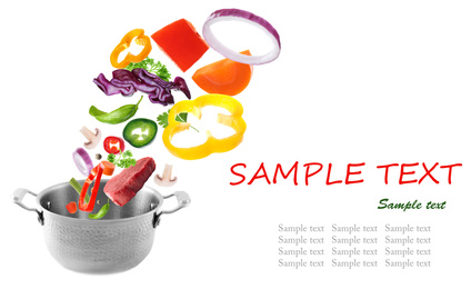 Image of Pot and fresh ingredients for soup on white background. Space for text