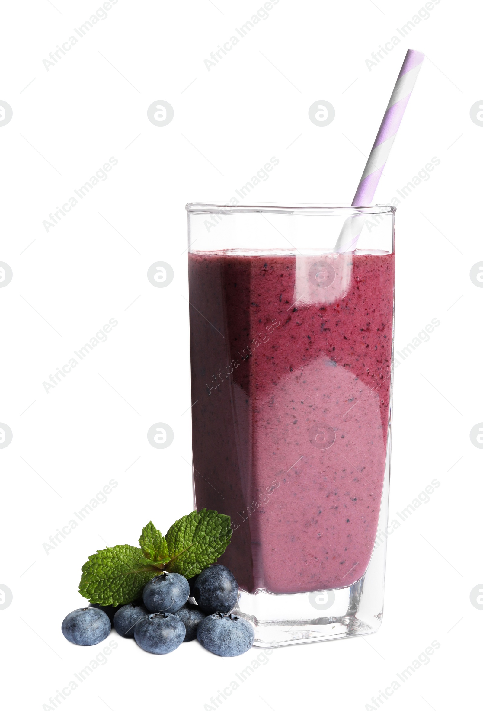 Photo of Glass of tasty blueberry smoothie and fresh fruits on white background
