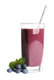 Glass of tasty blueberry smoothie and fresh fruits on white background