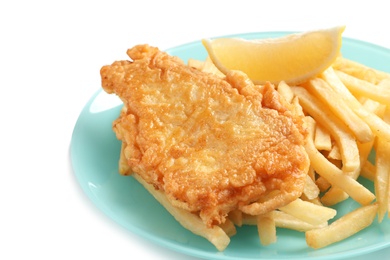 Photo of Plate with British Traditional Fish and potato chips on white background