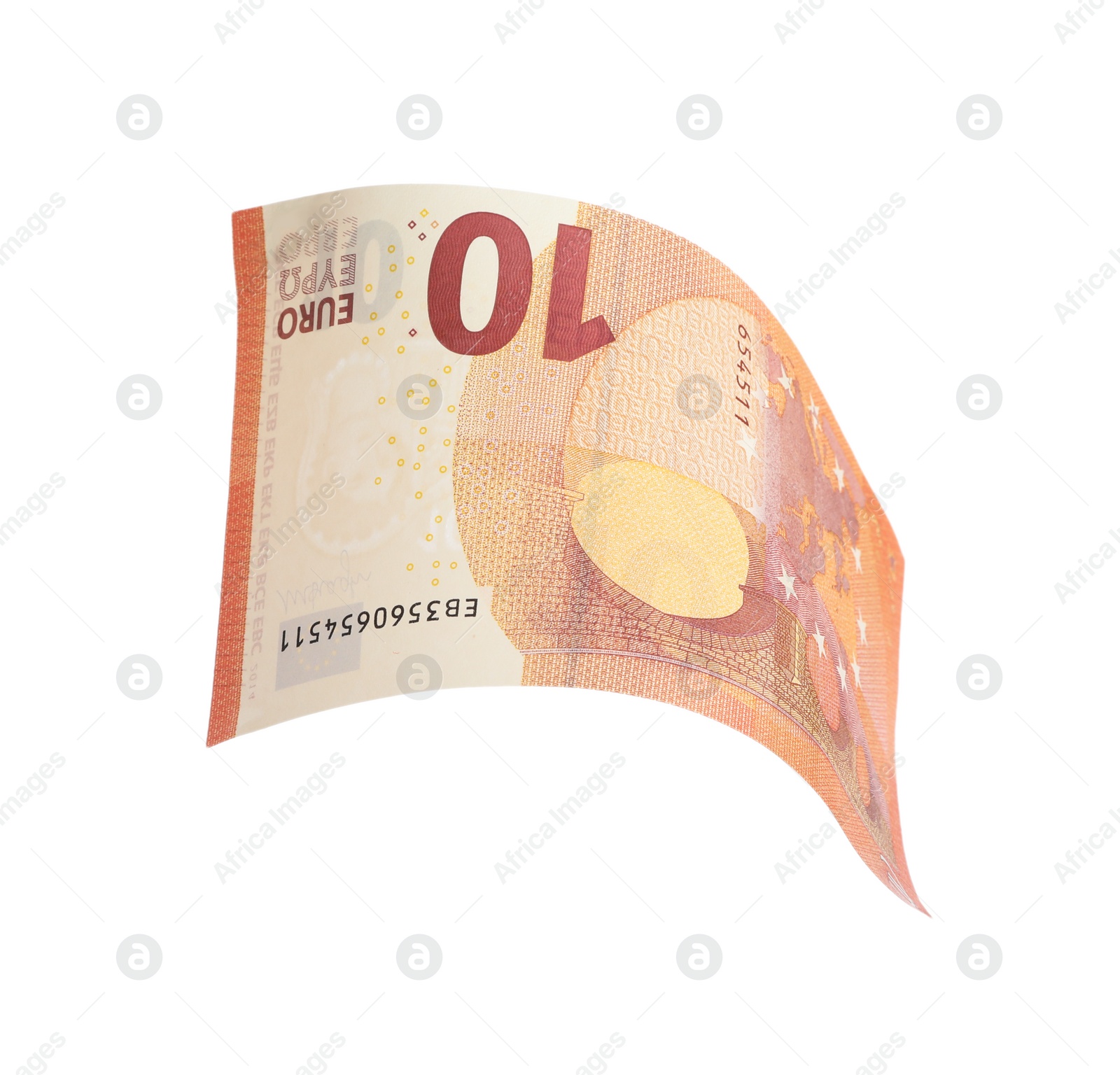 Photo of Flying ten Euro banknote isolated on white