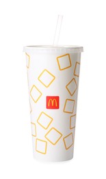 MYKOLAIV, UKRAINE - AUGUST 11, 2021: Cold McDonald's drink isolated on white