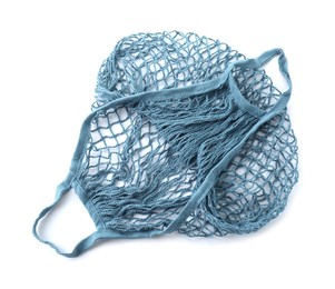 Photo of Blue empty string bag isolated on white, top view