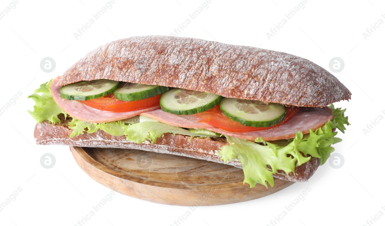 Photo of Tasty sandwich with ham isolated on white