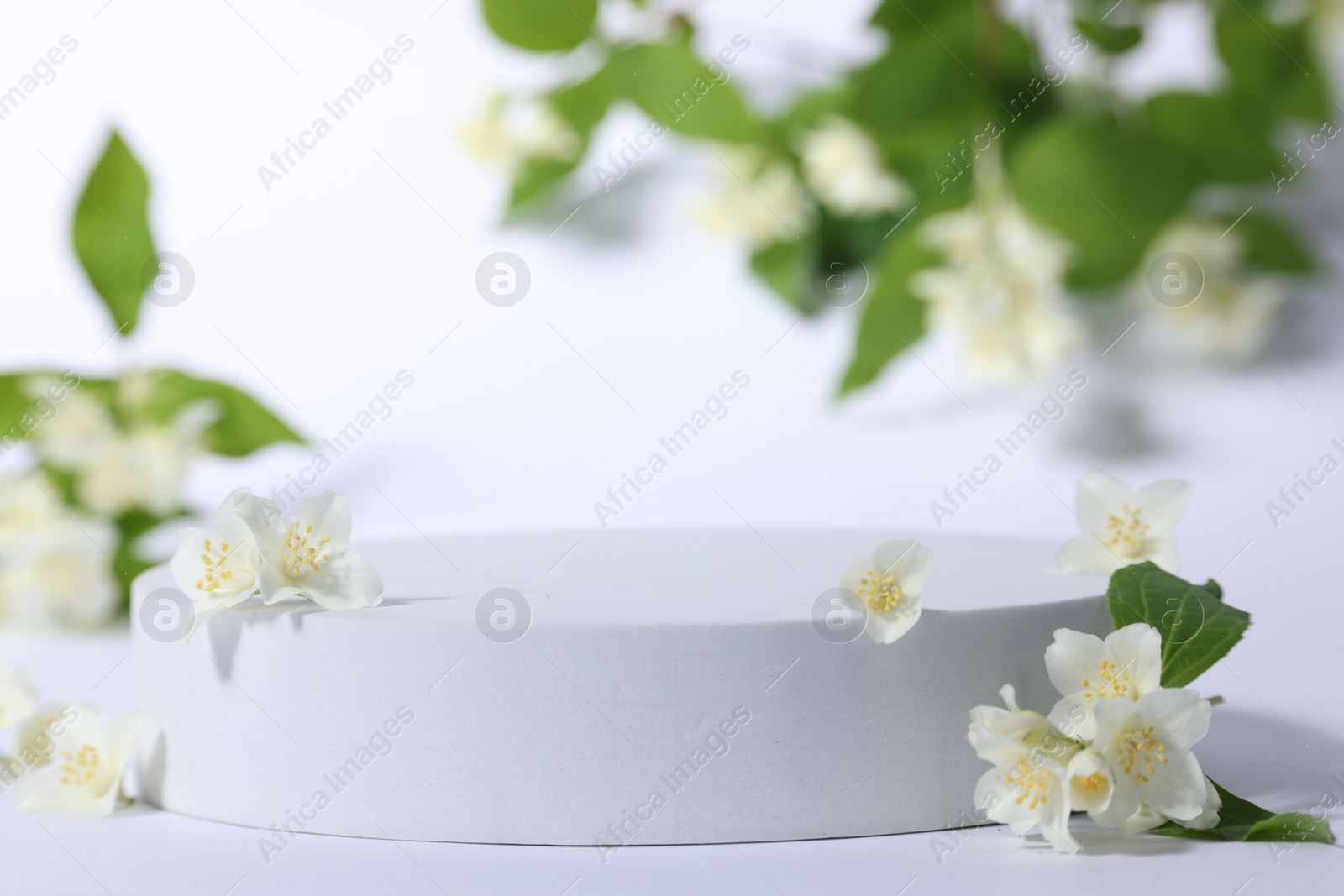 Photo of Presentation of product. Podium and beautiful jasmine flowers on white background, closeup