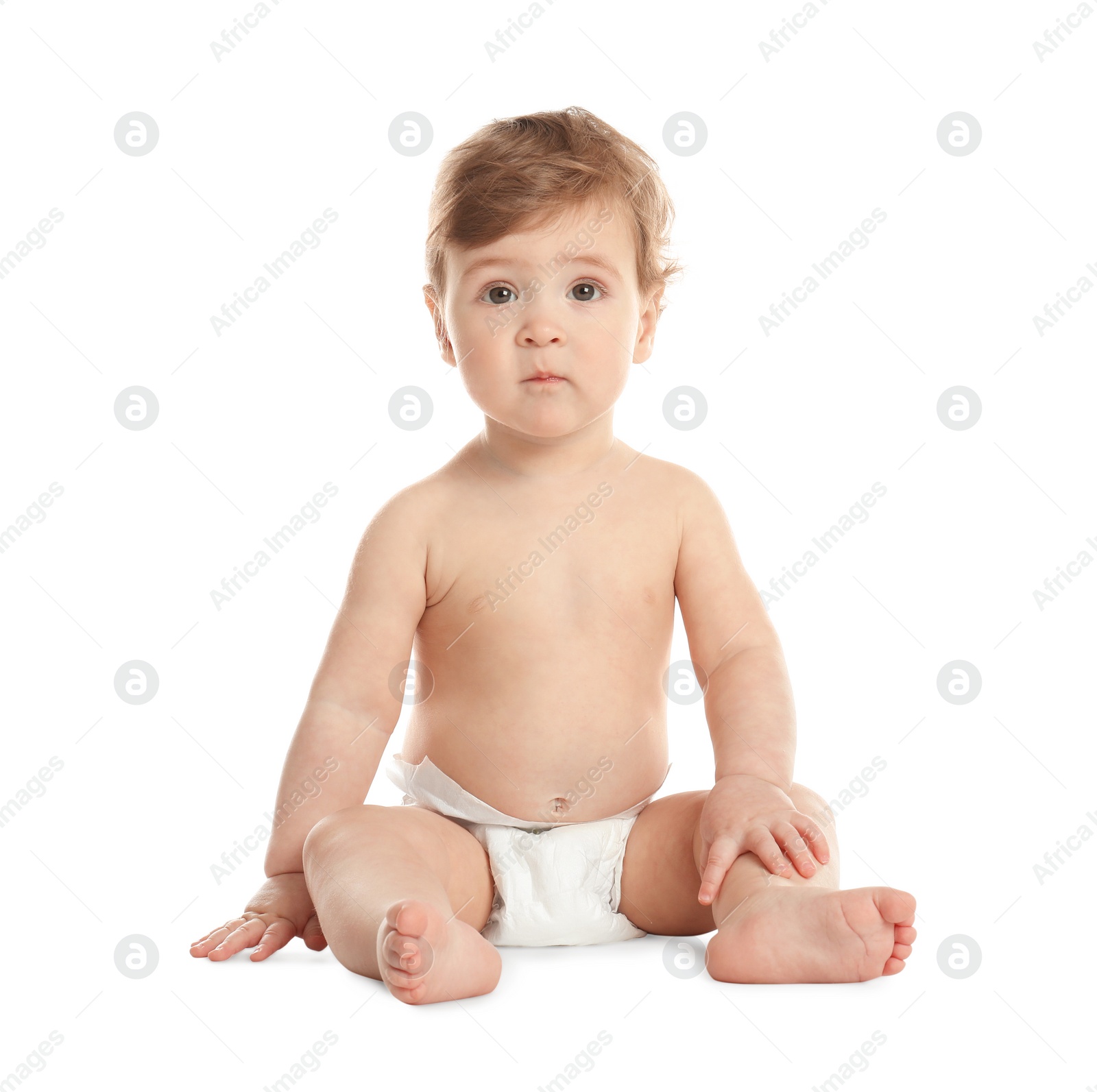 Photo of Cute little baby in diaper on white background