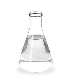 Photo of Flask with liquid on white background. Laboratory analysis equipment