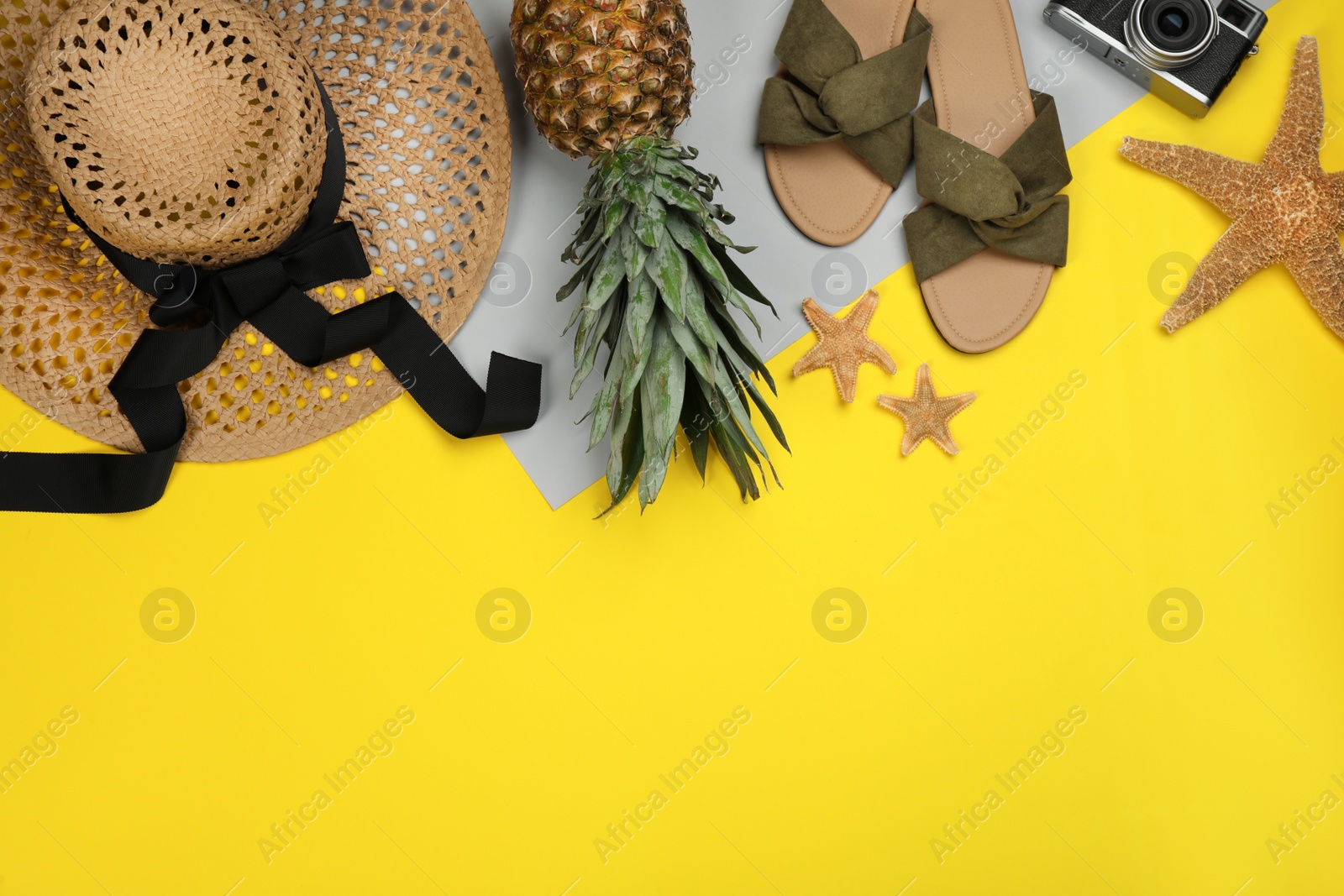 Photo of Flat lay composition with beach objects on color background, space for text