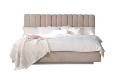 Elegant cozy bed with headboard, blanket and pillows on white background